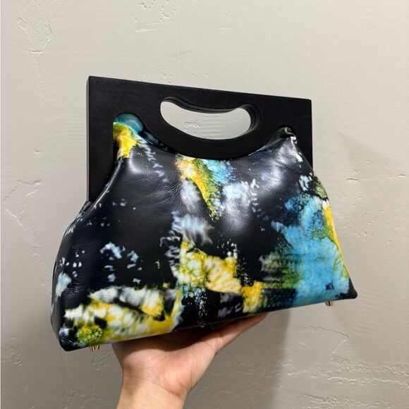 Unique Cowhide Leather Tie-dye Print Handmade Wooden Frame Top Handle Bag - Picture 12 of 16